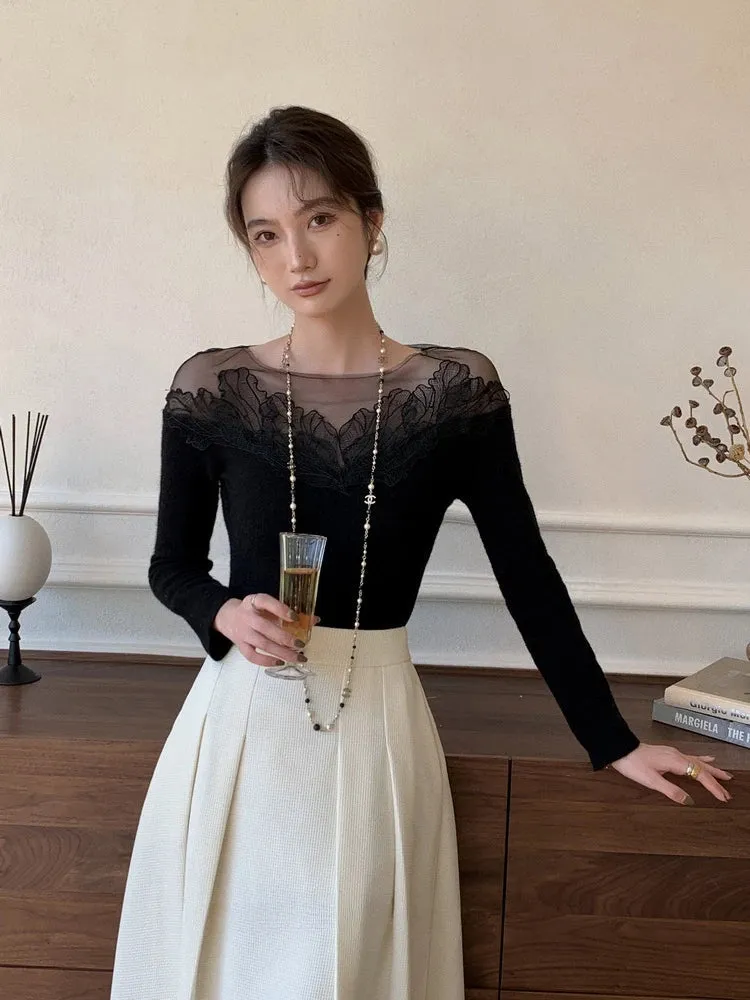 Black Friday Joskaa White Off Shoulder Knit Sweater Women Lace Transparent Mesh Long Sleeve Crop Pullovers Fairycore Aesthetics Clothes Chic
