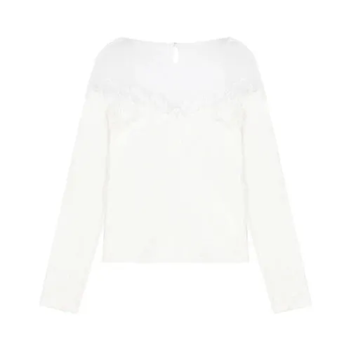 Black Friday Joskaa White Off Shoulder Knit Sweater Women Lace Transparent Mesh Long Sleeve Crop Pullovers Fairycore Aesthetics Clothes Chic