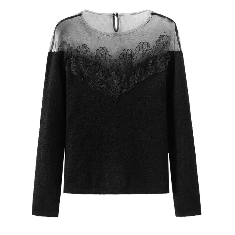 Black Friday Joskaa White Off Shoulder Knit Sweater Women Lace Transparent Mesh Long Sleeve Crop Pullovers Fairycore Aesthetics Clothes Chic