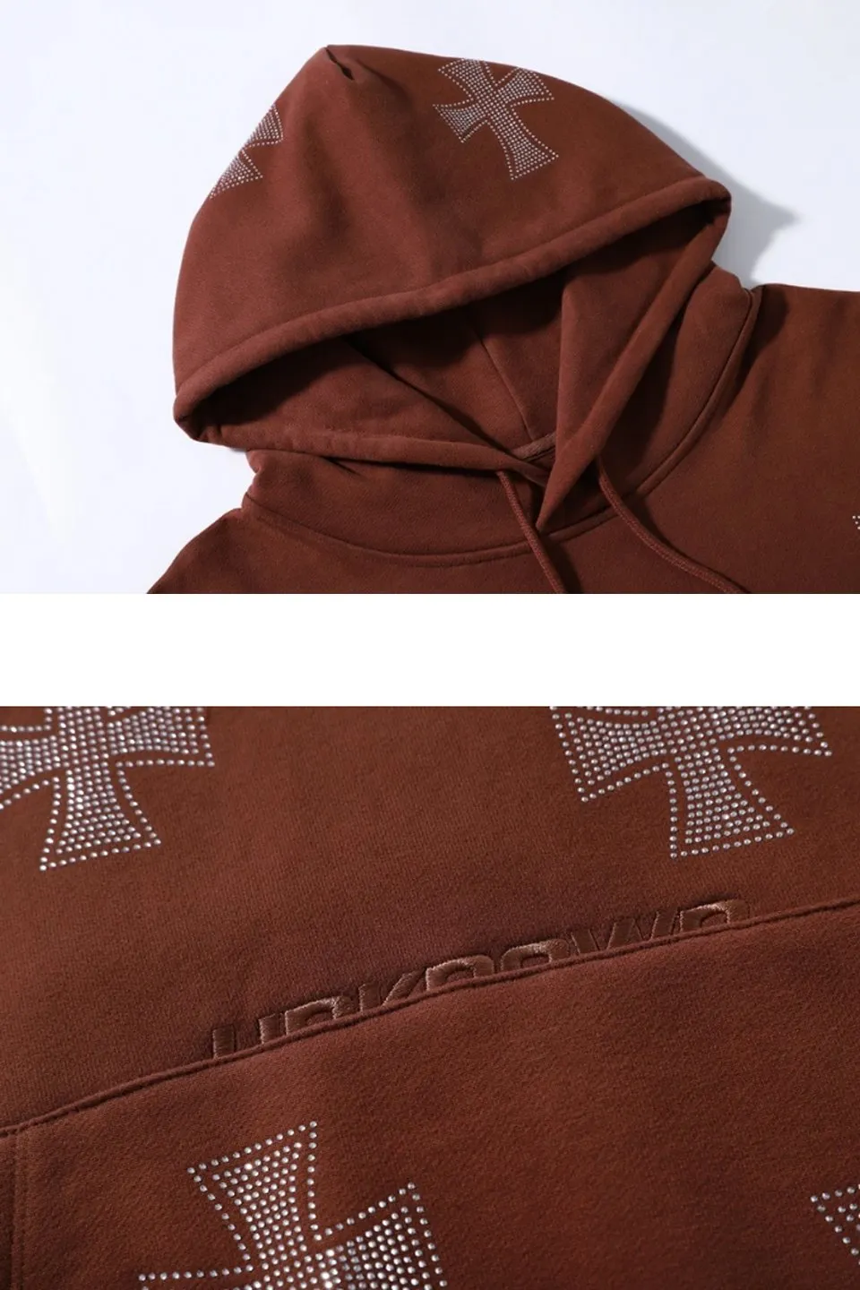Brown Cross Rhinestone Pullover Hoodie