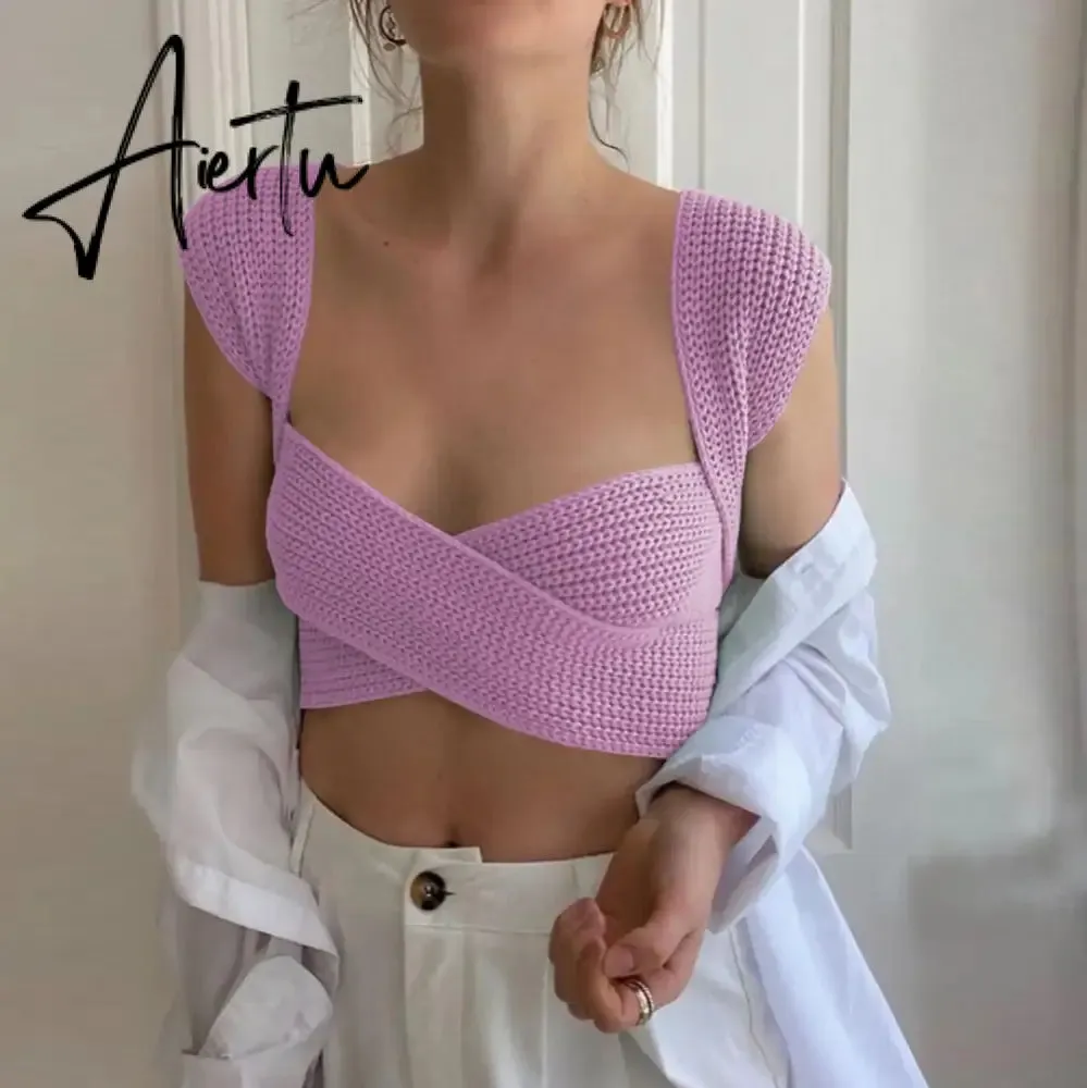 Fall Winter Knitted Crop Tops Sweaters Sleeveless Pullover Female Bandage Sweater Solid Chic Fashion Top Women