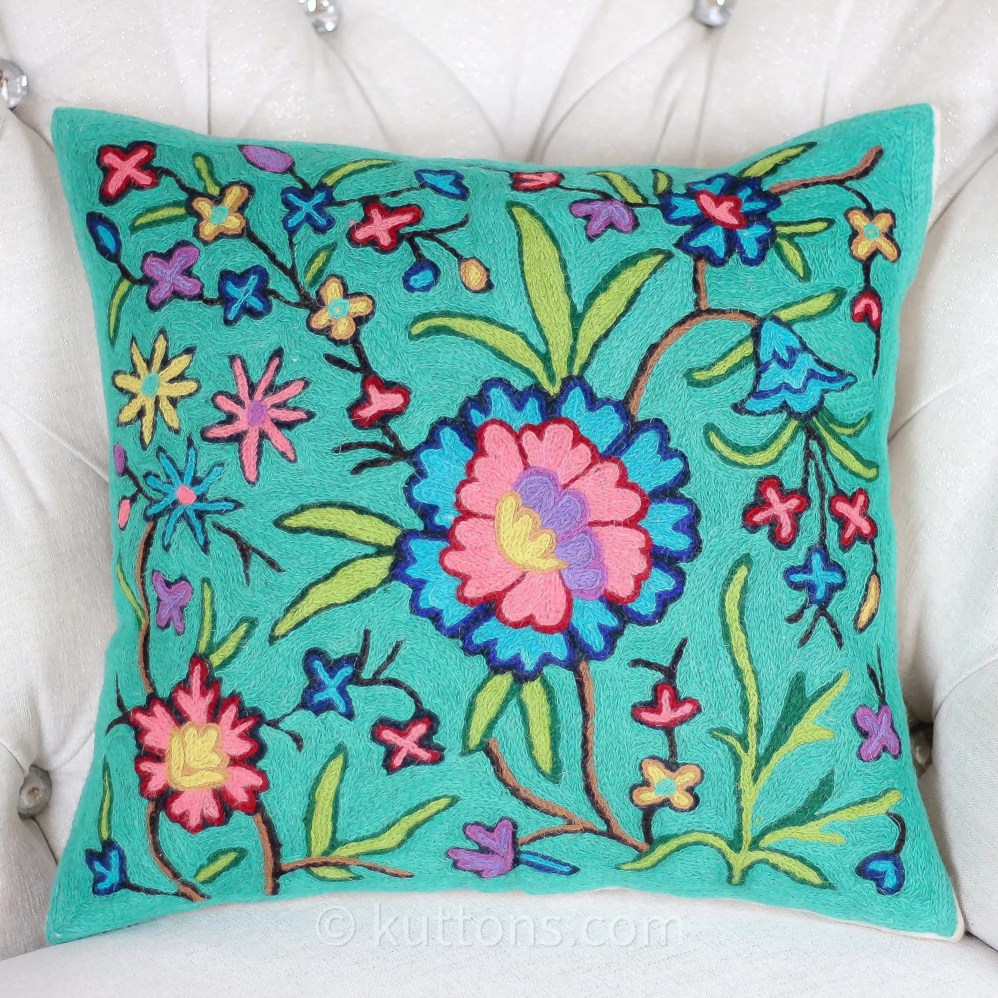 Kashmiri Ari Embroidery Handcrafted Cushion Cover - Cotton & Wool | Green Pillow, 16x16"