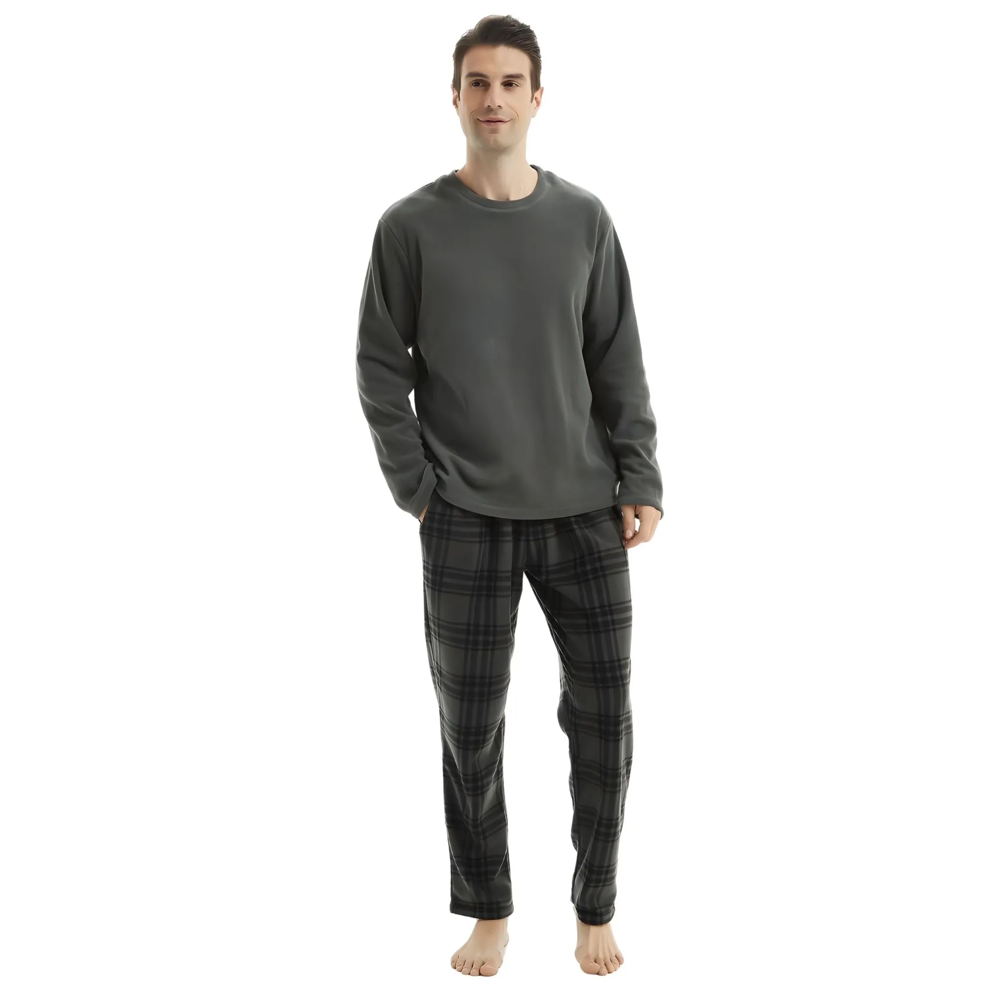 Men's Fleece Pyjama Set: Luxury Long Sleeve 2-Piece Loungewear, 180gsm