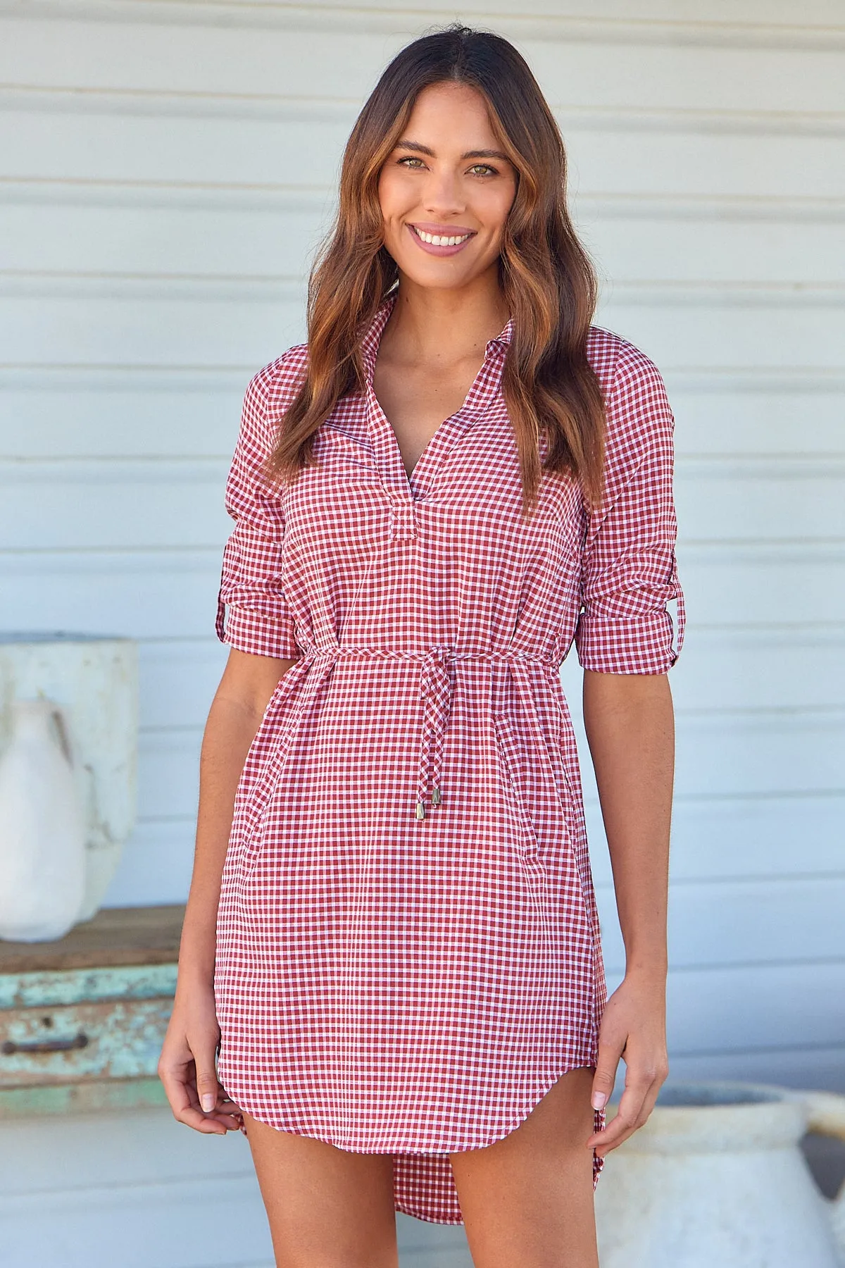 Siara Red Gingham Long Sleeve Shirt Dress